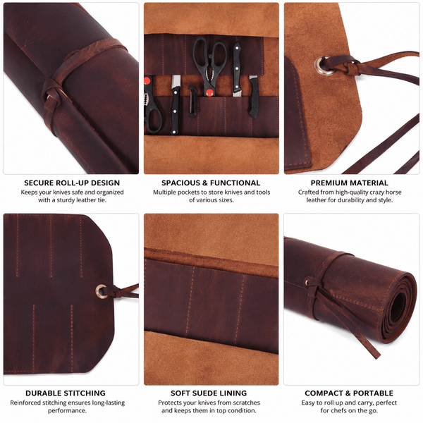 Handmade Leather Knife Roll Bag – Compact Chef Knife Organizer & Travel Case - Aaron Leather Goods Inc