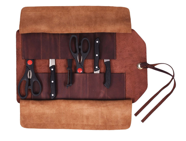Handmade Leather Knife Roll Bag – Compact Chef Knife Organizer & Travel Case - Aaron Leather Goods Inc