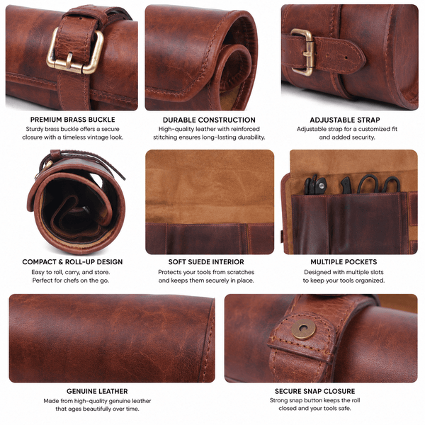 Handmade Leather Knife Roll Bag – Compact Chef Knife Storage Case - Aaron Leather Goods Inc