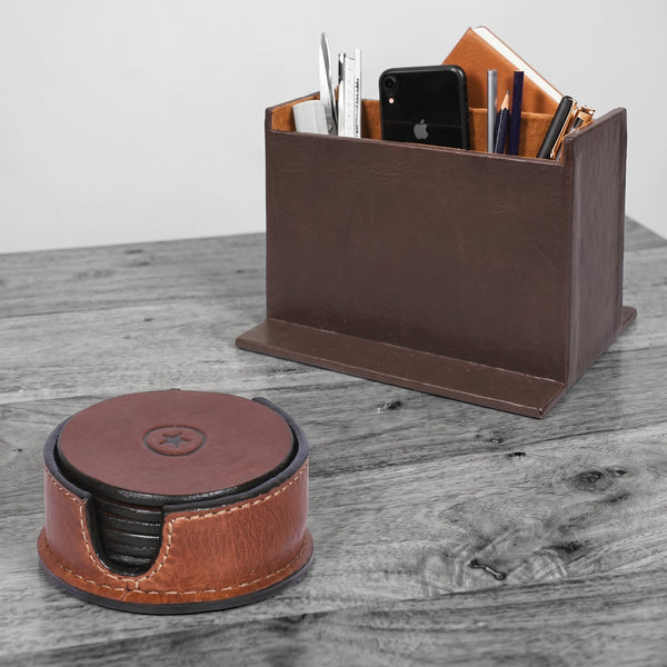 Leather Coaster & Table Organizer Combo - Aaron Leather Goods Inc