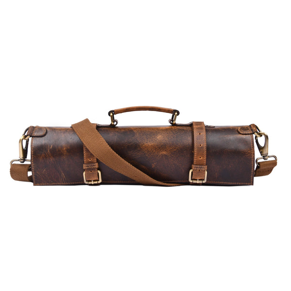 Leather Knife Roll Bag with Handle – Handmade Rustic Chef Knife Roll, - Aaron Leather Goods Inc