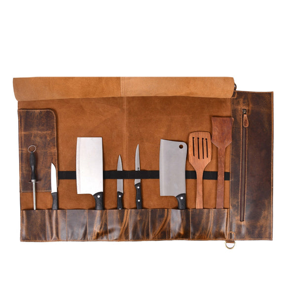 Leather Knife Roll Bag with Handle – Handmade Rustic Chef Knife Roll, - Aaron Leather Goods Inc