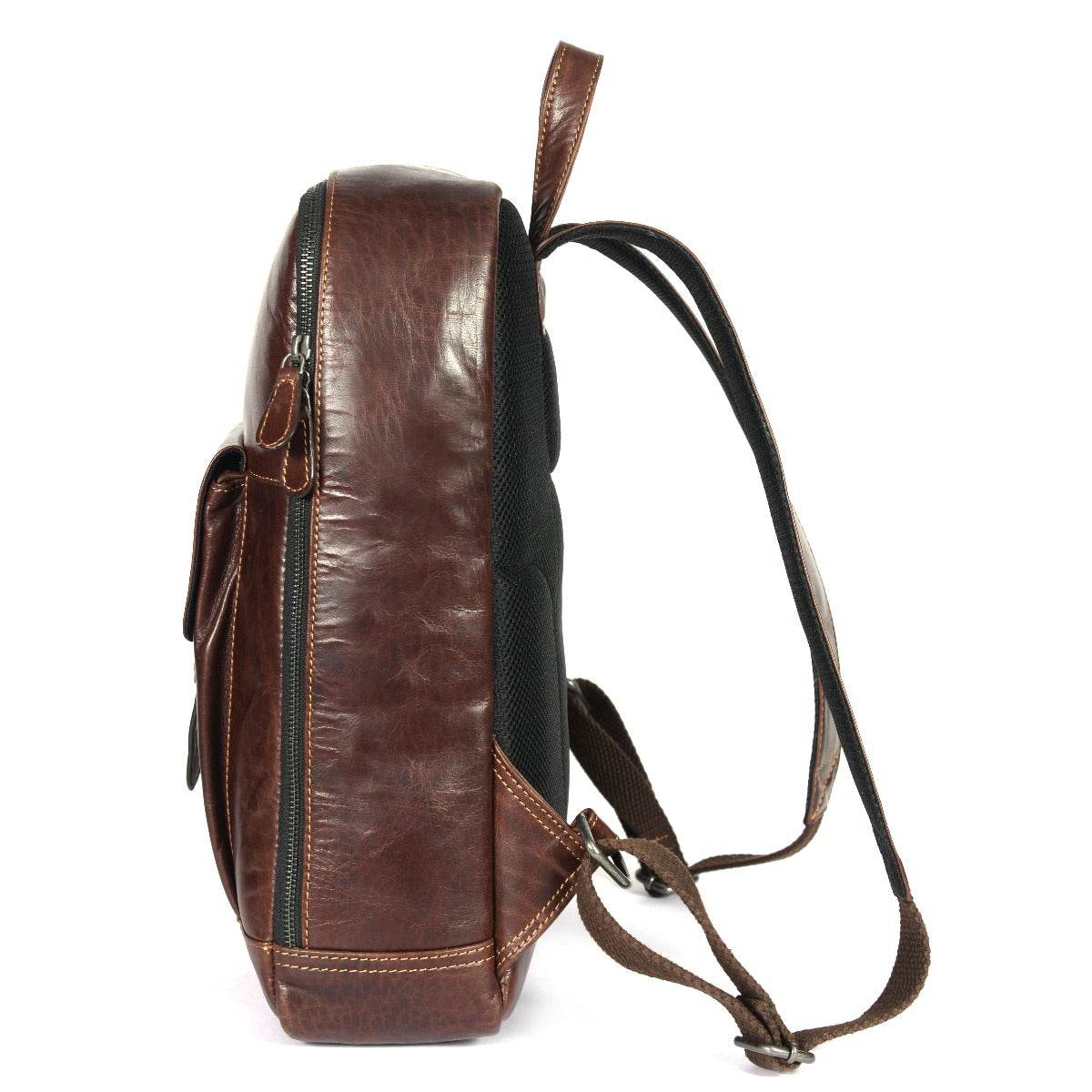 distressed leather backpack for men Aaron Leather Goods Full-Grain Leather Laptop Backpack with Buckled Front Pocket, Padded Shoulder Straps, Internal Organizer, and Breathable Mesh Back
