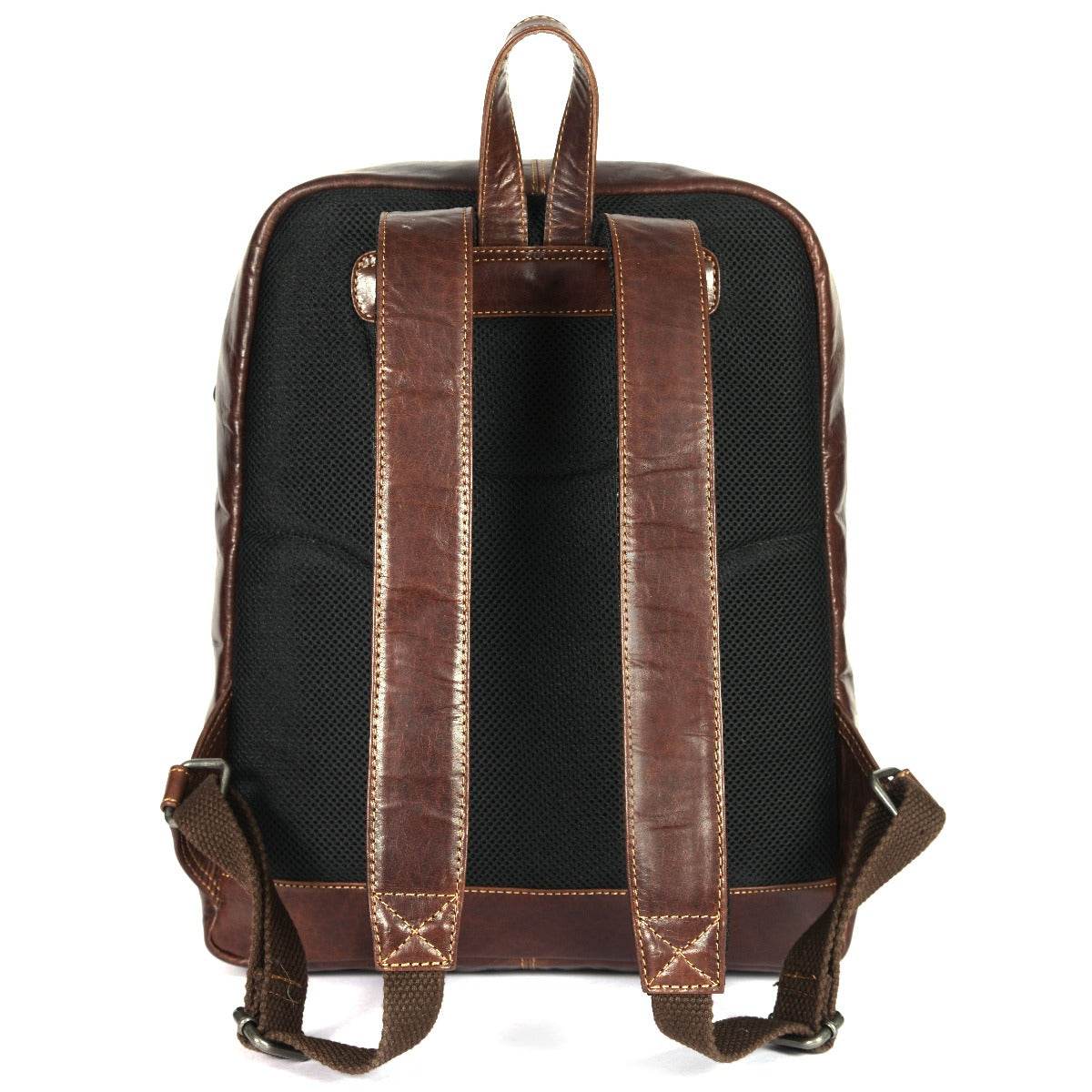 black brown 1826 leather backpack Aaron Leather Goods Full-Grain Leather Laptop Backpack with Buckled Front Pocket, Padded Shoulder Straps, Internal Organizer, and Breathable Mesh Back