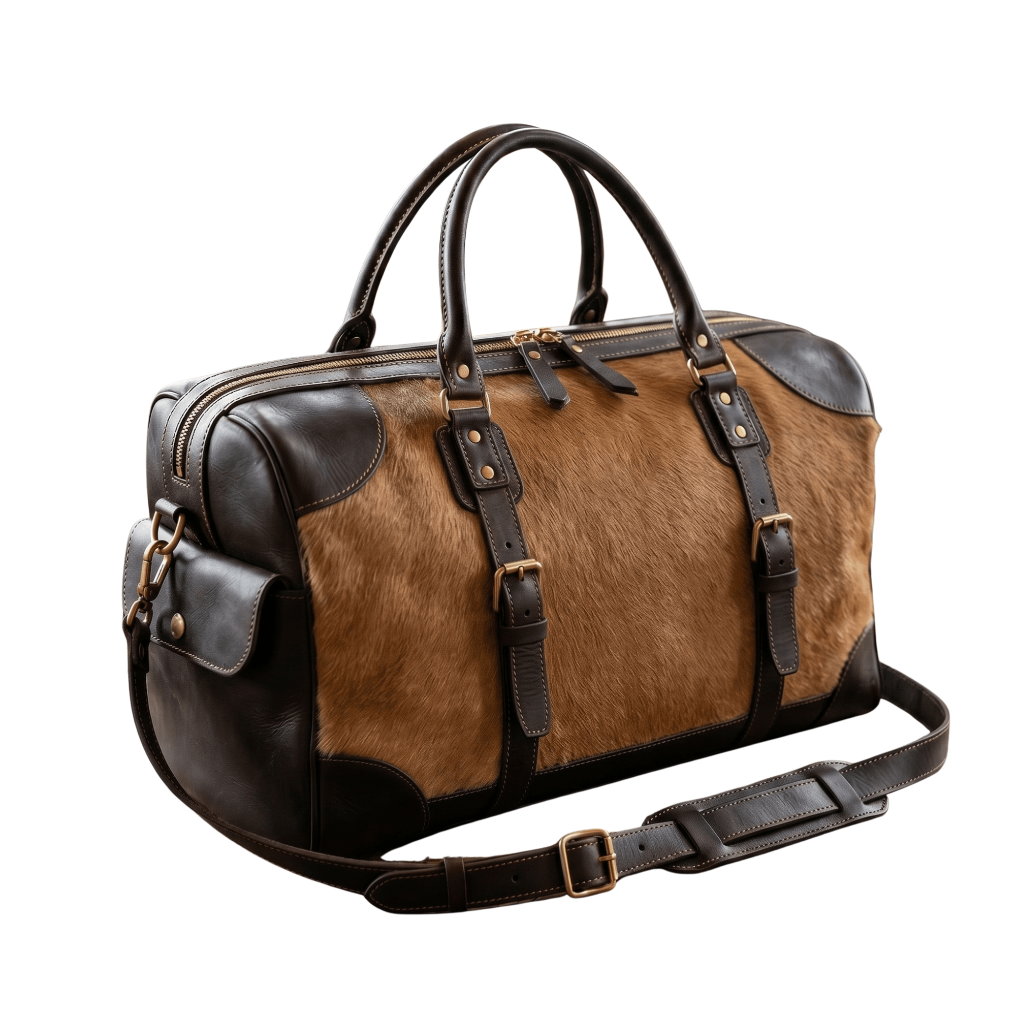 Luxury Hair-On Leather Duffle Bag for Men – Vintage Brown Travel Weekender with Shoulder Strap