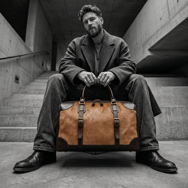 Luxury Hair - On Leather Duffle Bag for Men – Vintage Brown Travel Weekender with Shoulder Strap - Aaron Leather Goods Inc
