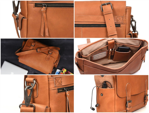 Madrid Leather Messenger Bag - Tan - Aaron Leather Goods Inc