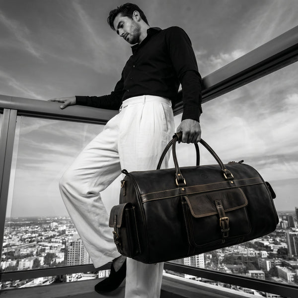 Pamplona Leather Duffle bag - Raven Black - Aaron Leather Goods Inc