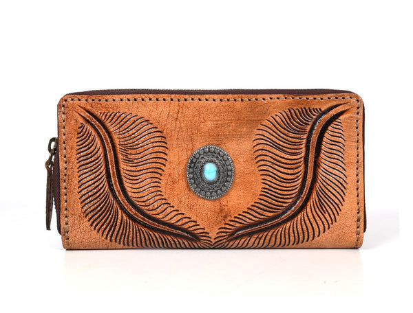 Paso Hand Tooled Leather Clutch - Caramel Brown - Aaron Leather Goods Inc