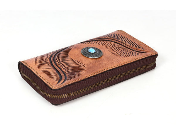 Paso Hand Tooled Leather Clutch - Caramel Brown - Aaron Leather Goods Inc