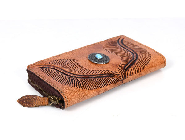 Paso Hand Tooled Leather Clutch - Caramel Brown - Aaron Leather Goods Inc
