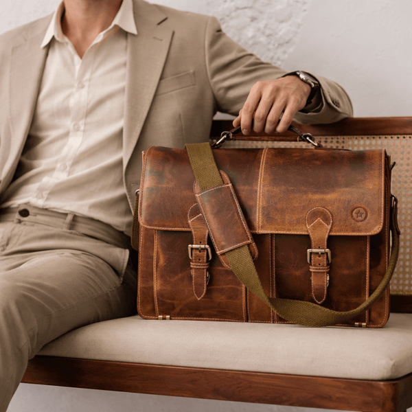 Phoenix Leather Briefcase - Caramel Brown - Aaron Leather Goods