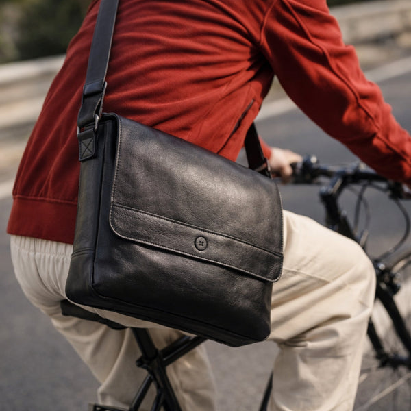 Premium Black Leather Messenger Bag Laptop Shoulder Briefcase for Men & Women - Aaron Leather Goods