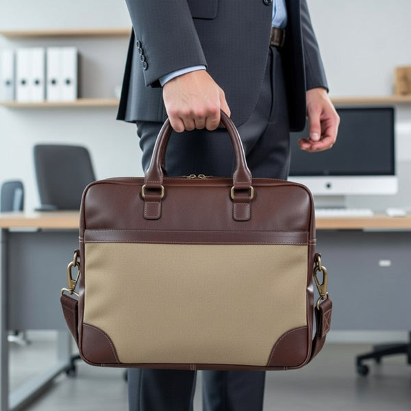 Premium Leather & Canvas Laptop Briefcase – Handmade Office Bag