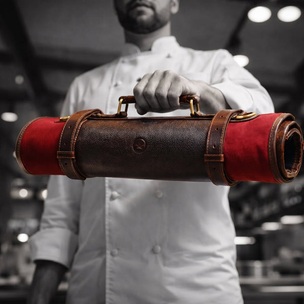 Premium Leather Chef Knife Roll – Red & Brown - Aaron Leather Goods Inc