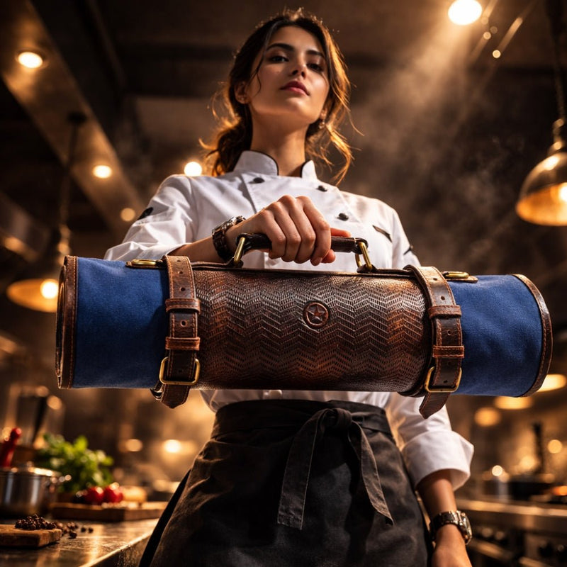Premium Leather Knife Roll Bag with Handle & Shoulder Strap – Professional Chef Tool Organizer ( Navy & Brown ) - Aaron Leather Goods