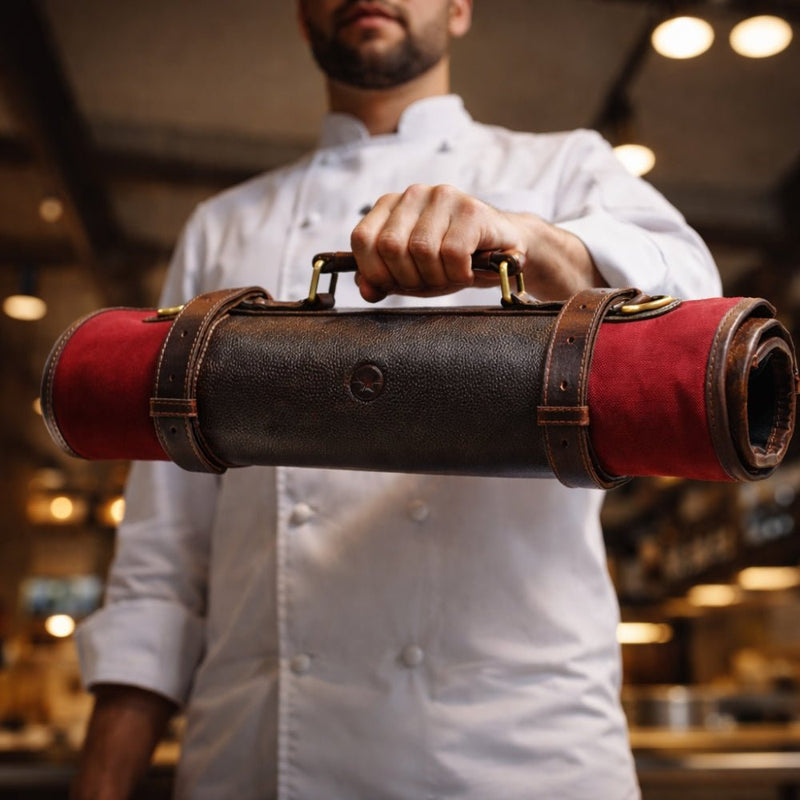 Premium Leather Knife Roll Bag with Handle & Shoulder Strap – Professional Chef Tool Organizer (Red & Brown) - Aaron Leather Goods