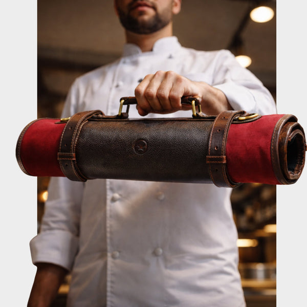 Premium Leather Chef Knife Roll – Red & Brown - Aaron Leather Goods