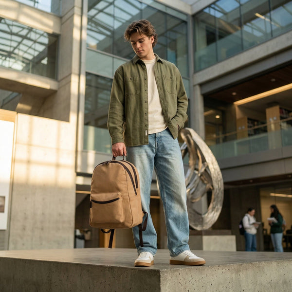 Premium Tan Canvas Backpack with Leather Zipper - Aaron Leather Goods Inc