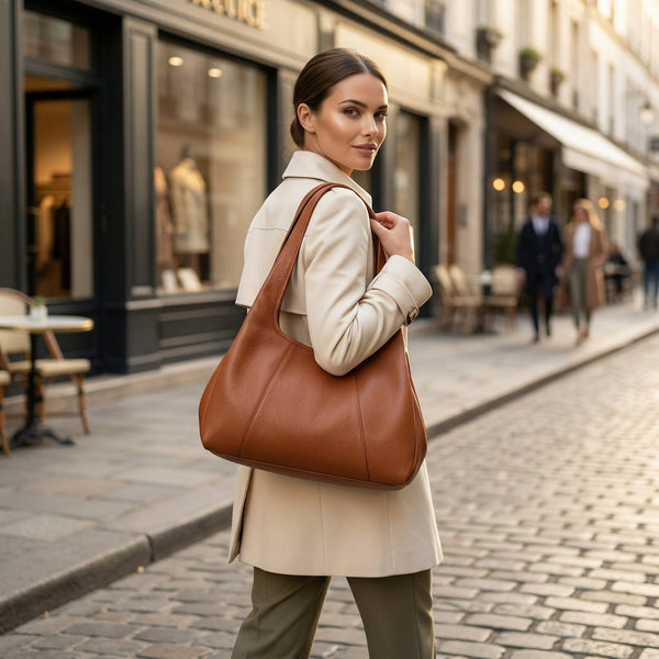 Premium Women’s Leather Shoulder Tote – Spacious Hobo Handbag for Work & Travel - Aaron Leather Goods Inc
