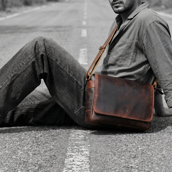 Savona Leather Messenger Bag - Walnut Brown - Aaron Leather Goods Inc
