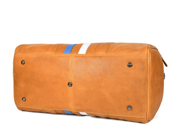 Tan Leather Duffle Bag with Stripe Detail - Aaron Leather Goods Inc