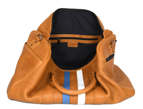 Tan Leather Duffle Bag with Stripe Detail - Aaron Leather Goods Inc