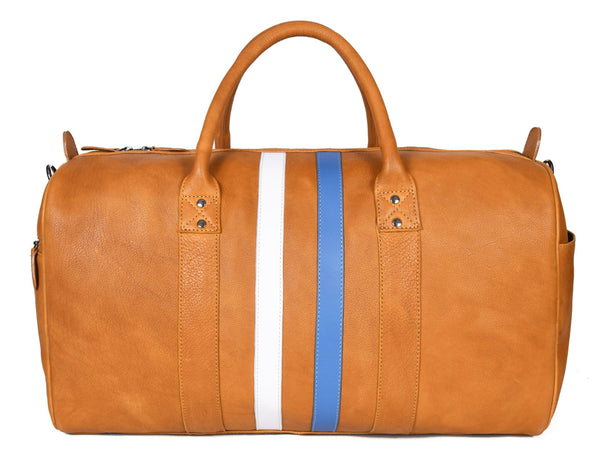 Tan Leather Duffle Bag with Stripe Detail - Aaron Leather Goods Inc