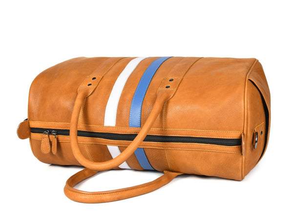 Tan Leather Duffle Bag with Stripe Detail - Aaron Leather Goods Inc