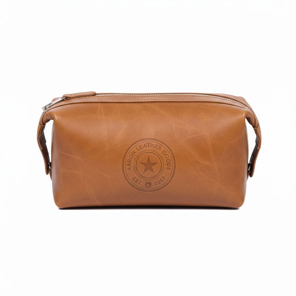 Tan Leather Toiletry Pouch with Zip Closure - Aaron Leather Goods