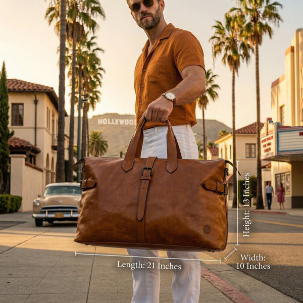 Timeless Leather Weekender Bag with Top Handles - Brown - Aaron Leather Goods Inc