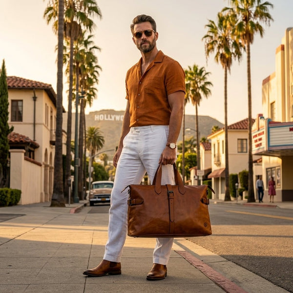 Timeless Leather Weekender Bag with Top Handles - Brown - Aaron Leather Goods Inc