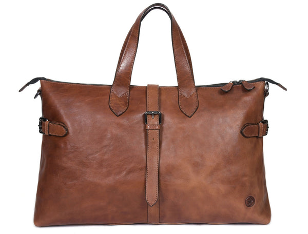 Timeless Leather Weekender Bag with Top Handles - Brown - Aaron Leather Goods Inc