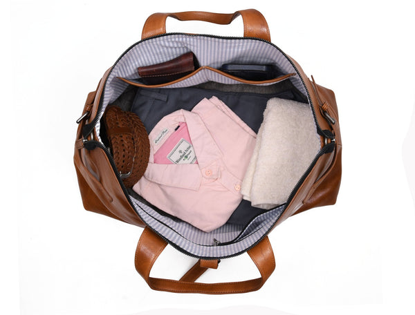 Timeless Leather Weekender Bag with Top Handles - Tan - Aaron Leather Goods Inc