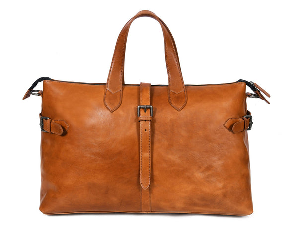 Timeless Leather Weekender Bag with Top Handles - Tan - Aaron Leather Goods Inc