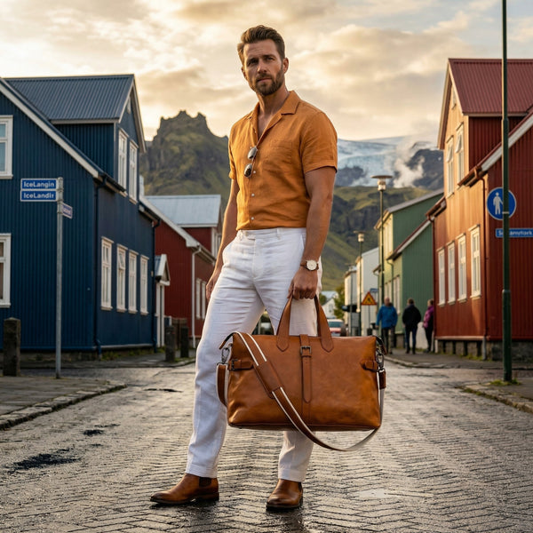Timeless Leather Weekender Bag with Top Handles - Tan - Aaron Leather Goods Inc