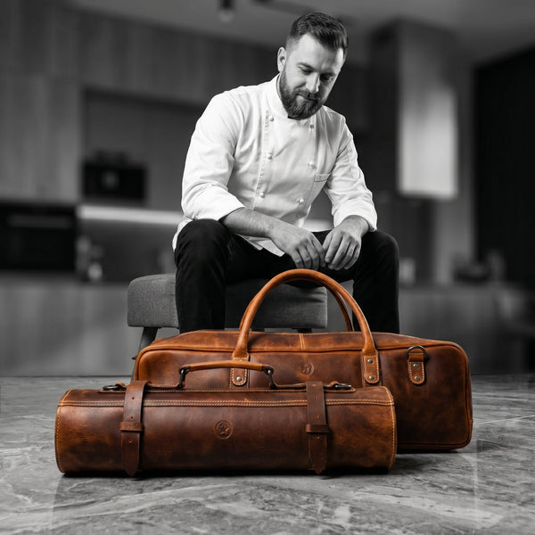 Tuscania Leather Knife Roll & Bag Combo - Caramel Brown - Aaron Leather Goods Inc