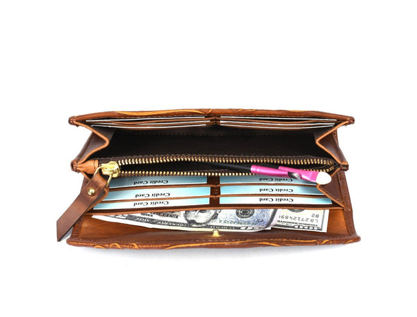 Vandiver Hand Tooled Leather Clutch - Caramel Brown - Aaron Leather Goods Inc