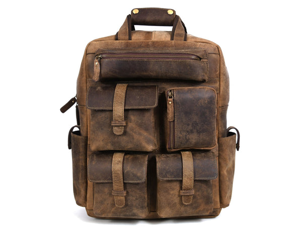 Vintage Crazy Horse Leather Backpack & Eagle Engraved Leather Belt Gift Set for Men | Handmade Full Grain Leather Travel & Everyday Combo - Aaron Leather Goods Inc