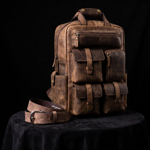 Vintage Crazy Horse Leather Backpack & Eagle Engraved Leather Belt Gift Set for Men | Handmade Full Grain Leather Travel & Everyday Combo - Aaron Leather Goods Inc