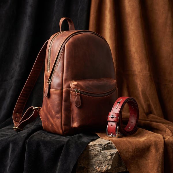 Vintage Full Grain Leather Backpack & Studded Leather Belt Gift Set for Men and Women - Aaron Leather Goods Inc