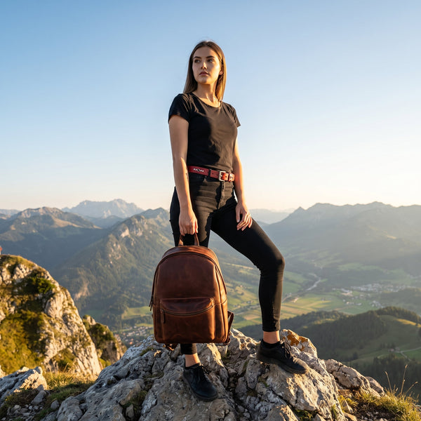 Vintage Full Grain Leather Backpack & Studded Leather Belt Gift Set for Men and Women - Aaron Leather Goods Inc