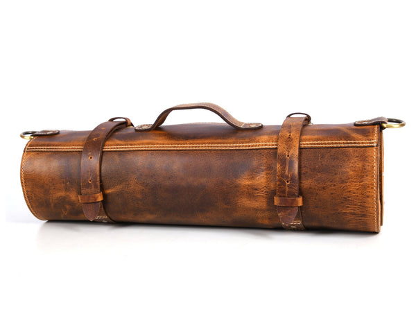 Vintage Leather Knife Roll Bag with Shoulder Strap – Chef Tool Organizer - Aaron Leather Goods Inc
