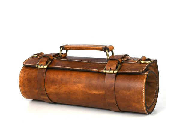Vintage Leather Knife Roll with Zipper Pocket & Shoulder Strap – Chef Tool Organizer - Aaron Leather Goods Inc