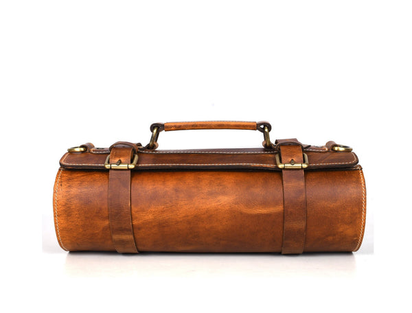 Vintage Leather Knife Roll with Zipper Pocket & Shoulder Strap – Chef Tool Organizer - Aaron Leather Goods Inc
