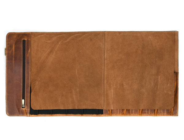 Vintage Leather Knife Roll with Zipper Pocket & Shoulder Strap – Chef Tool Organizer - Aaron Leather Goods Inc