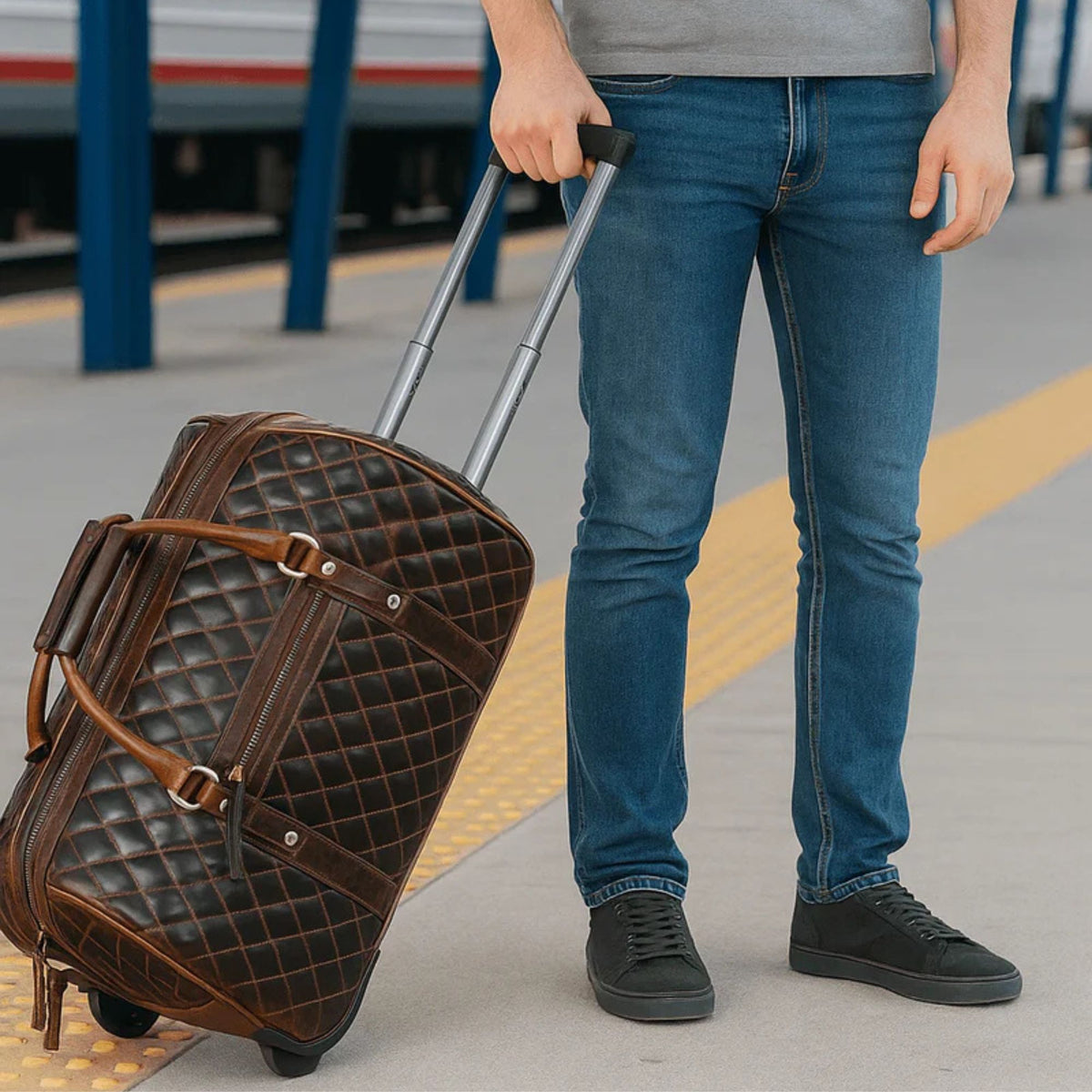 Ascend Quilted Leather Trolley Bag- Brown