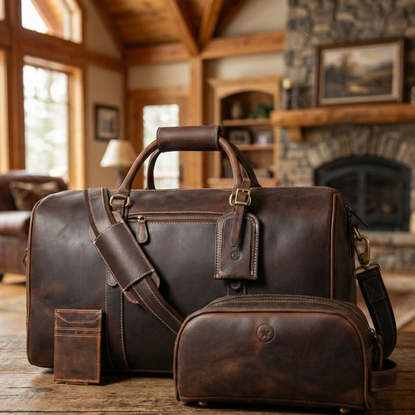 Austin Leather Overnight Bag with Wallet & Toiletry Bag Combo - Dark Brown - Aaron Leather Goods