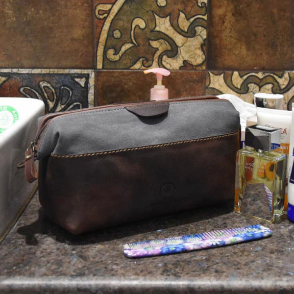 Valencia Canvas Leather Toiletry Bag - Vintage Brown