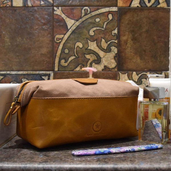 Valencia Canvas Leather Toiletry Bag - Caramel Brown